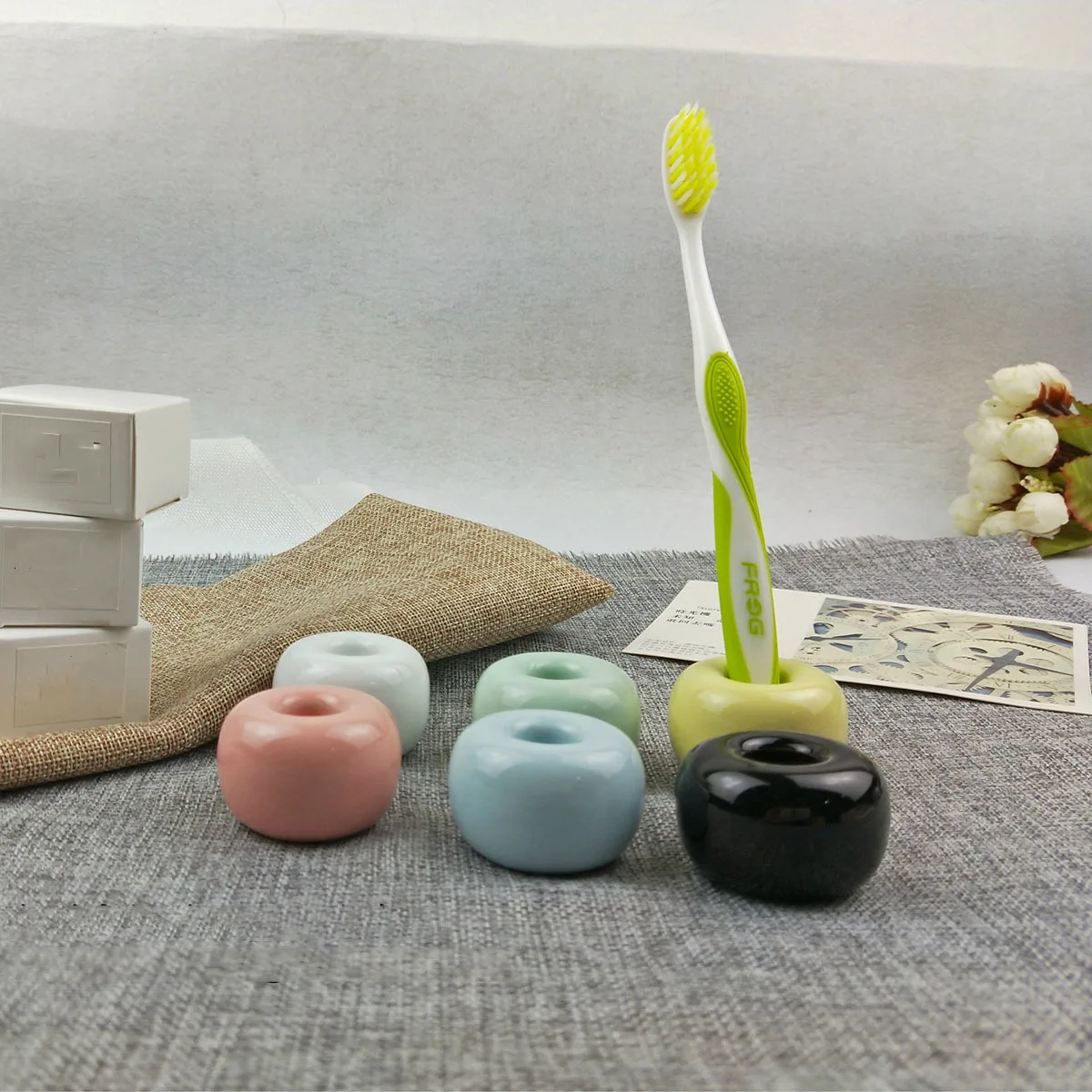 

2Pcs Mini Toothbrush Holder Stand Eco Friendly Ceramic Material Non Slip Base for Countertop Bathroom Decor Yellow