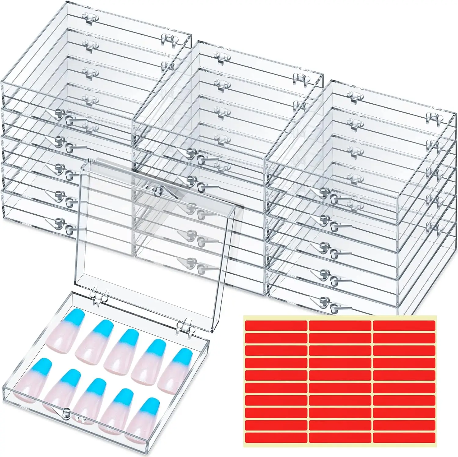 

15 Pcs Clear Press On Nail Display Boxes with 30 Adhesive Tapes, Acrylic Storage Organizer for Artificial Nails