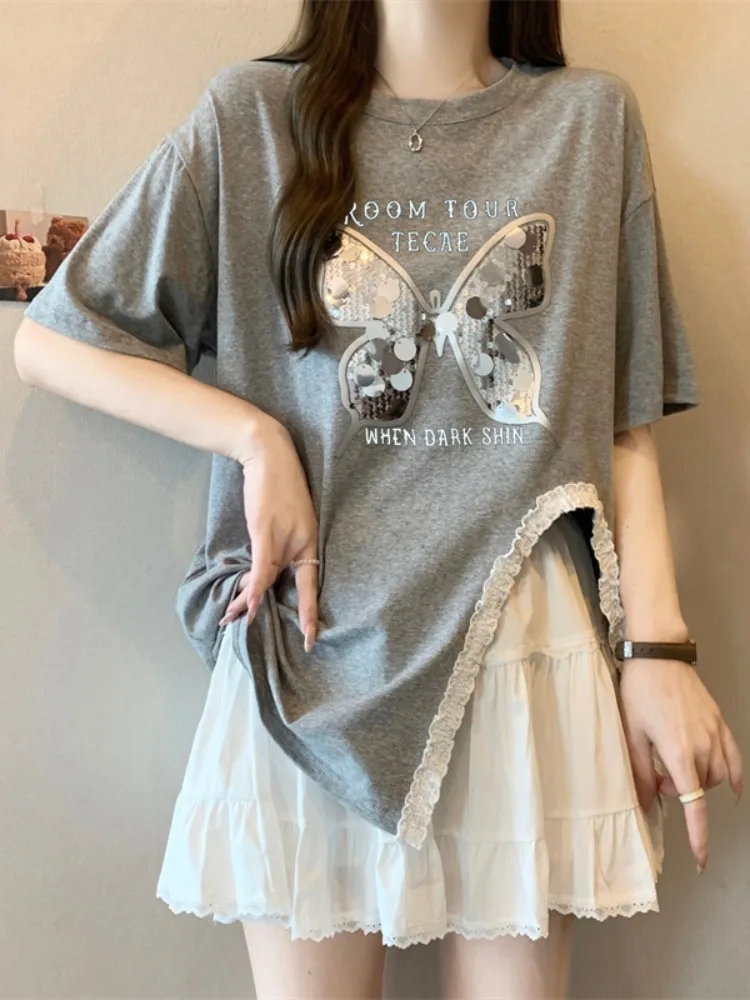 

2024 New Arrival Summer Korean Style Top Women Casual Loose Short Sleeve O-neck Bufferfly Split Design Oversized T-shirt