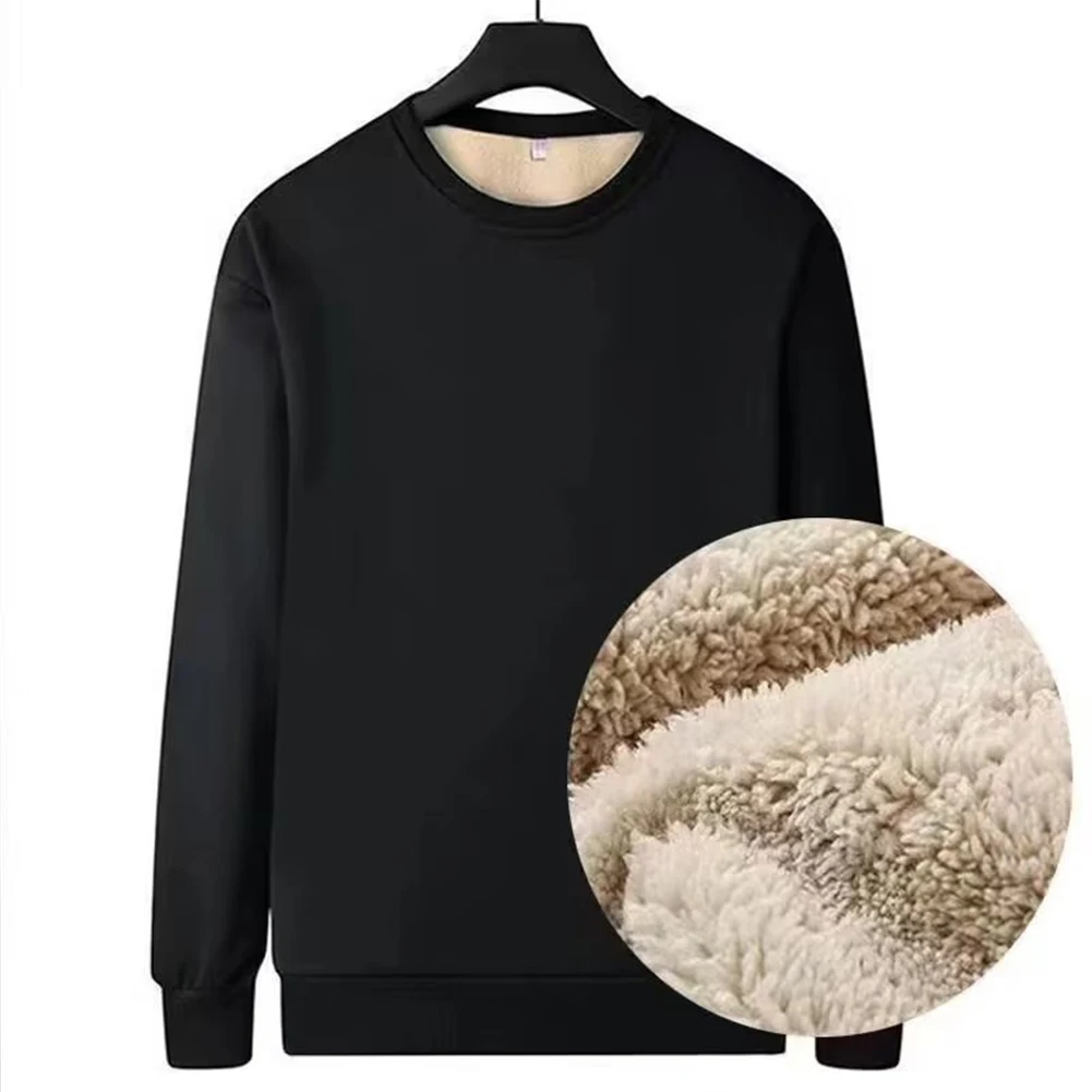 Men Winter Thickened Fleece Lined Crew Neck Pullover Sweatshirt Long Sleeve Top