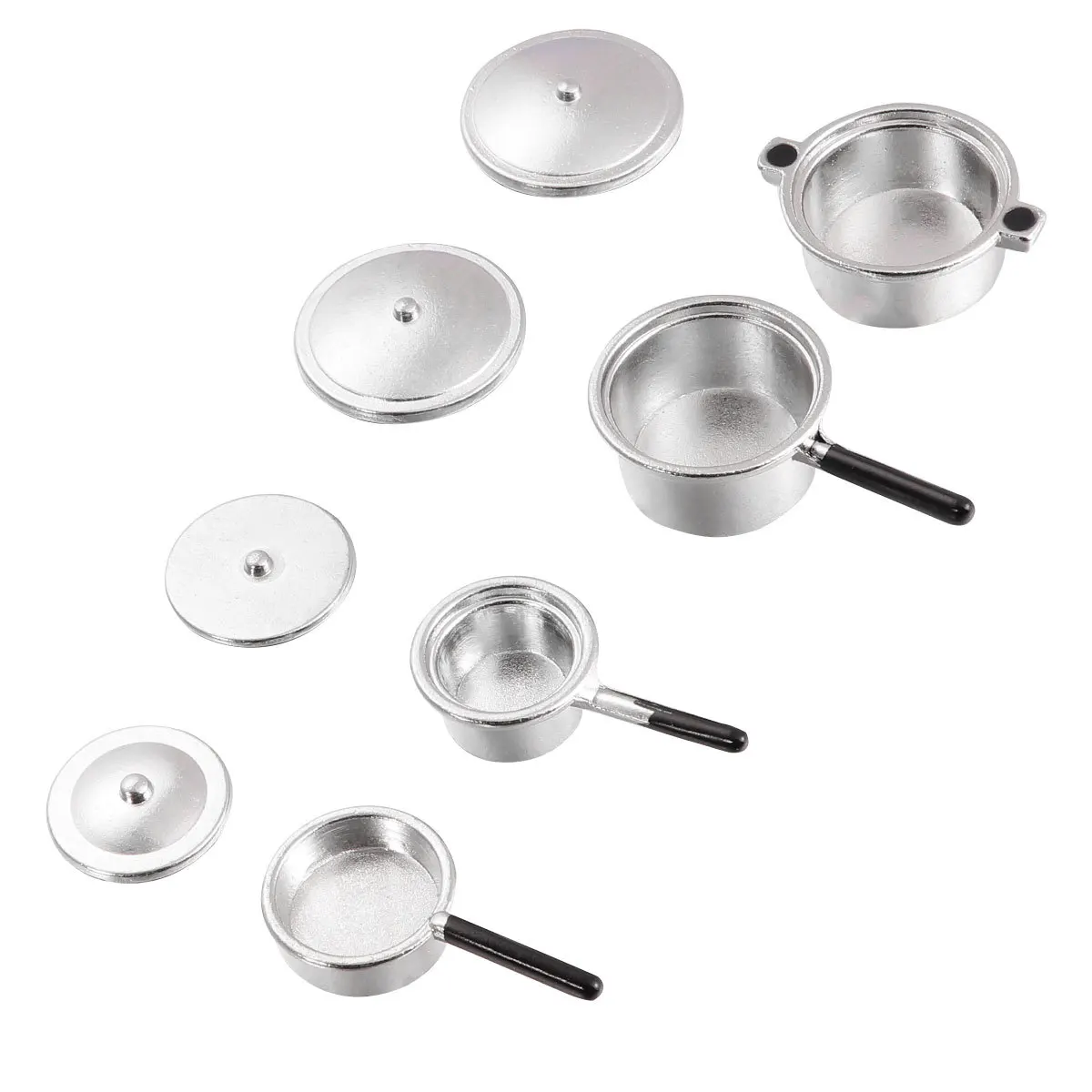Conjunto de 4 peças de pote de prata, acessórios de casamento, adorno em miniatura, brinquedo educacional, utensílio de cozinha, quebra-cabeça de metal