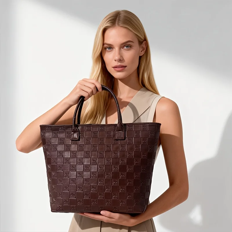 Light Luxury Deep Brown Quilted Pattern Women's Tote Bag, Large Capacity Women's Vintage Woven Style Commuter Handbag - view 2