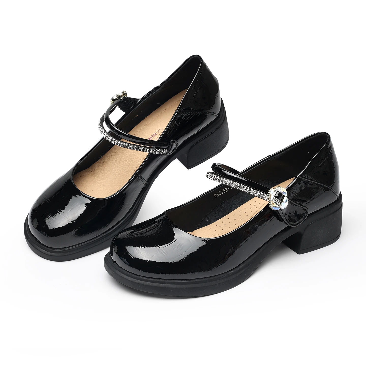 New Patent Leather Rhinestone Mary Jane Shoes for Women, Black Square-Toe Chunky Heel with Buckle Strap, Shallow Slip-On Shoes, Soft Sole, Non-Slip, Versatile for Commuting, Jk Shoes, Suitable for Daily Wear, Comfortable for Long Standing, Fashionable Women's Shoes
