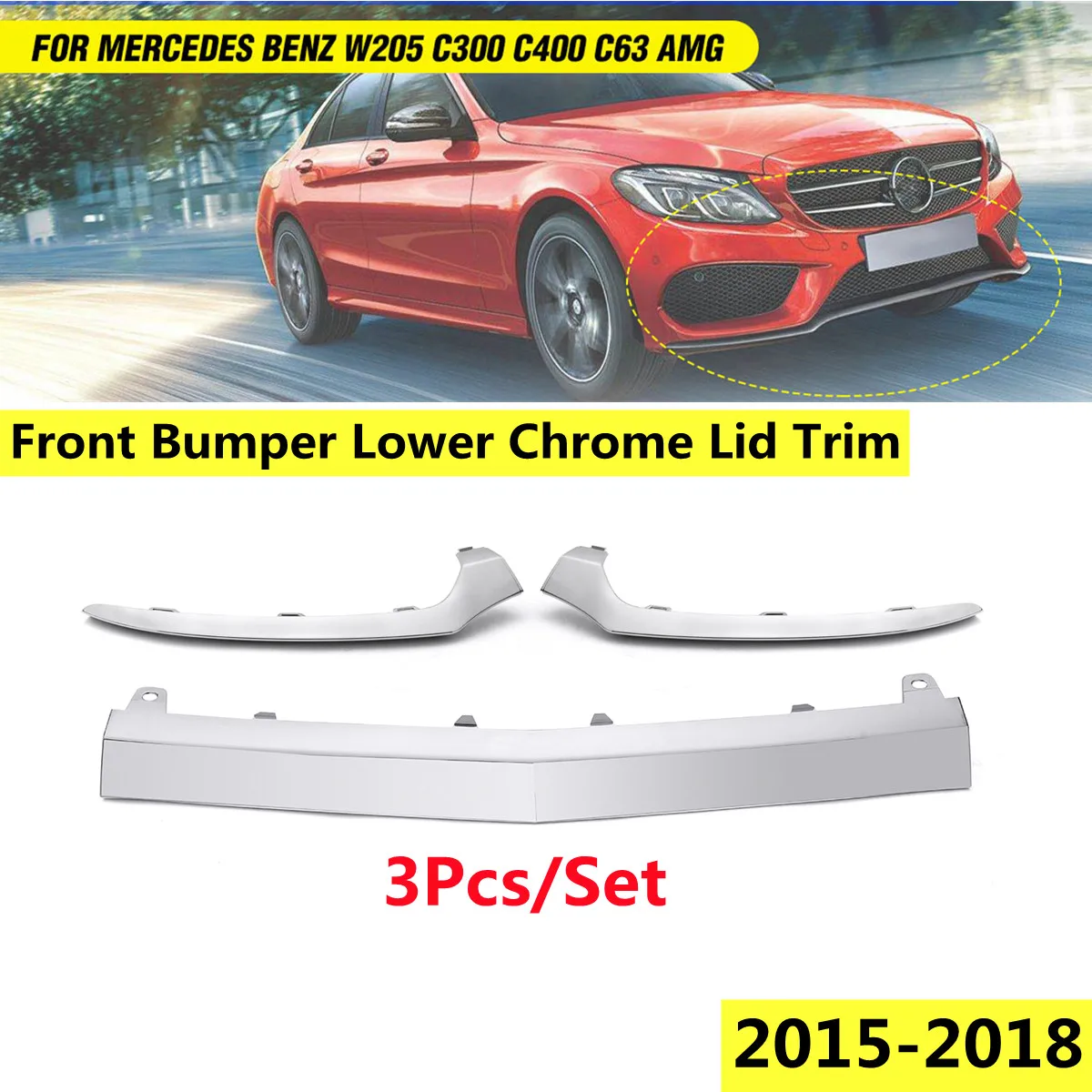 Bumper Spoiler For Mercedes W205 AMG C300 C250 AMG 2015-2018 Chrome Front Bumper Lip Molding Trim Cover 2058851374 2058851474