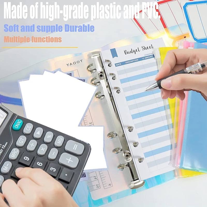 Notebookbinder, met 12 transparante ringbandzakken met ritssluiting, losbladige zak, 6-ringband, contant budgetenvelopgesp