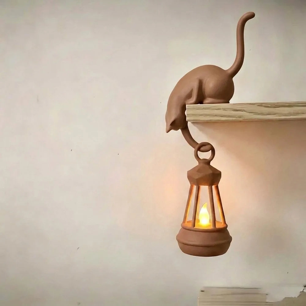 3D Printed Cat Wall Hook Light with Lantern Vintage Style Cat Decor Lamp Animal Shaped Cute Figurine Cat Shaped Hook Unique Gift