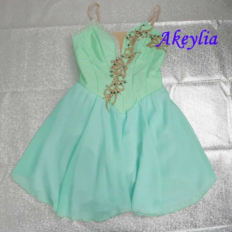 Vestido de Ballet de color verde menta y dorado para mujer, traje de competición internacional, falda de ballet profesional plateada, gasa, JNBL183C