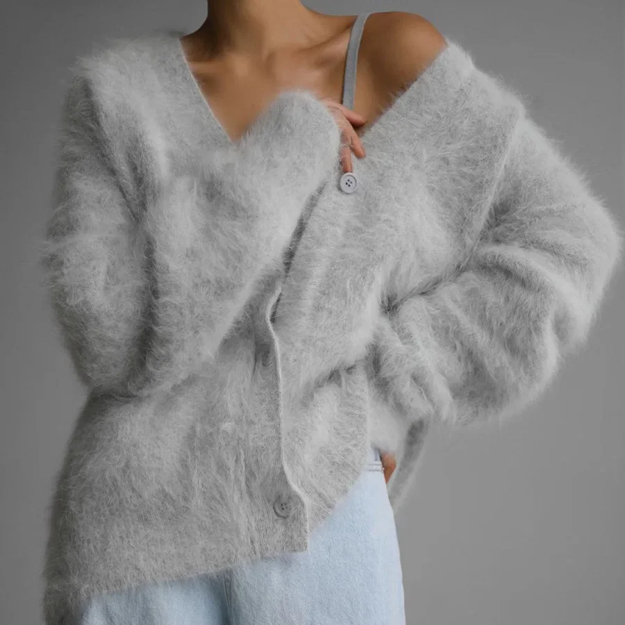 Vintage Soft Leisure Loose Fitting V-neck Sexy Sweater Outerwear 2024 Imitation Mink Fur Knit Single Breasted Cardigan Coat