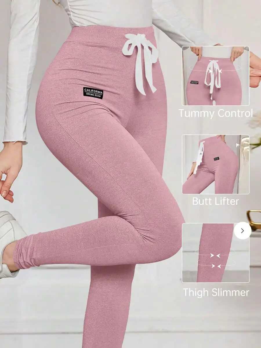 

Solid Color Drawstring High Waist Stretchy Leggings For Women