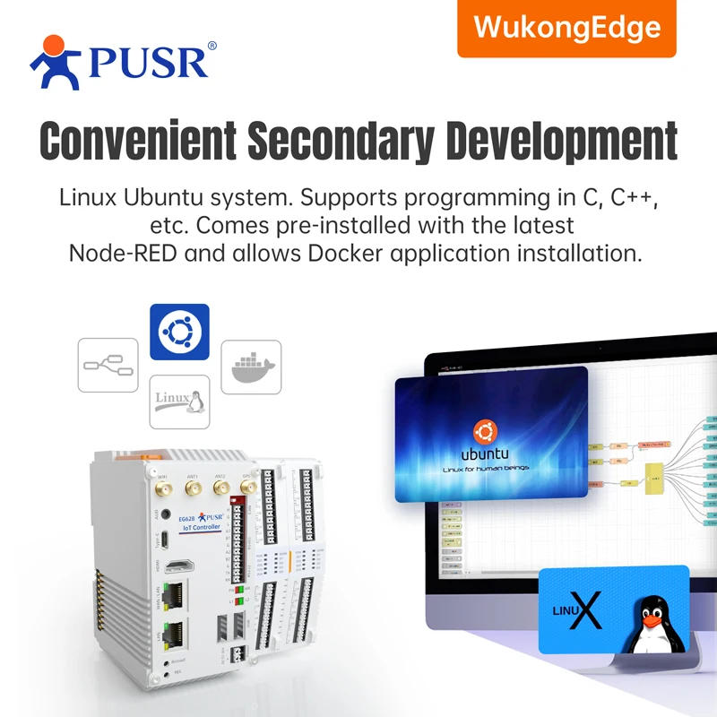 PUSR Industrial Computer WiFi 4G/5G Linux Ubuntu 20.04 DDR4 4GB RK3562J Cortex-A53 3*USB 1*CAN 1*HDMI OPC Fanless Mini PC EG628