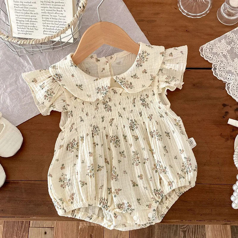 

2024 New Summer Infant Baby Girl Bodysuits Flying Sleeve Cotton Print Newborn Baby Girl Jumpsuit 0-24M Children Clothing