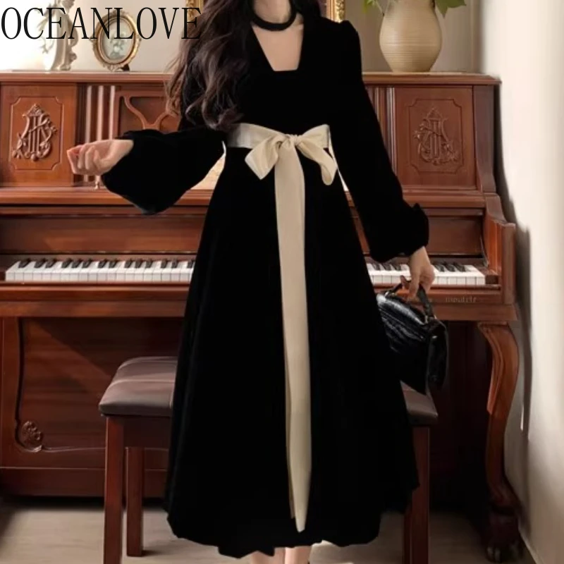 

OCEANLOVE Black Dresses Women A-line Vintage Big Bow Elegant Long Dresses Autumn Winter Korean Fashion Sweet Vestidos Mujer
