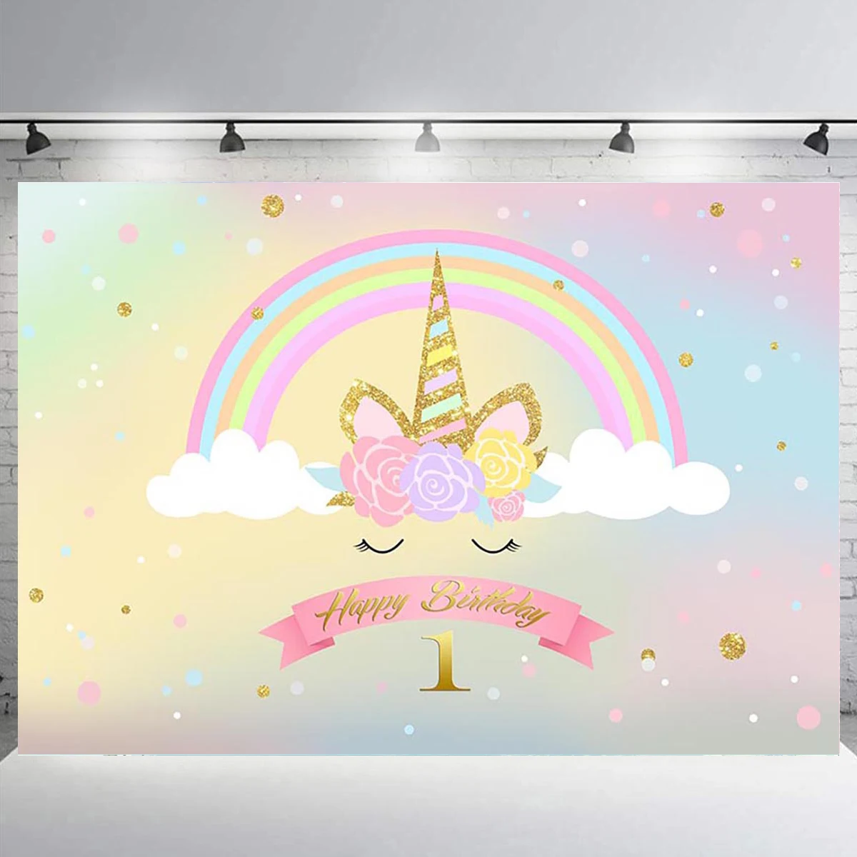 

Happy 1th Birthday Background Unicorn Rainbow Backdrop Newborn Kids Birthday Party Decoration Gold Photography