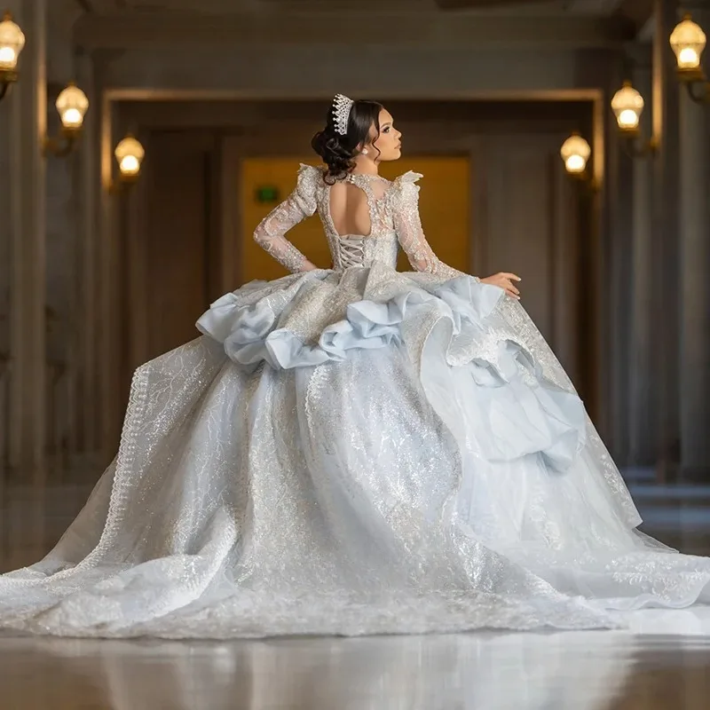 Customized Temperament Exquisite Gorgeous Blue Princess Quinceanera Dress Applique Tiered LongSleeve Beading Bow Ball Gown