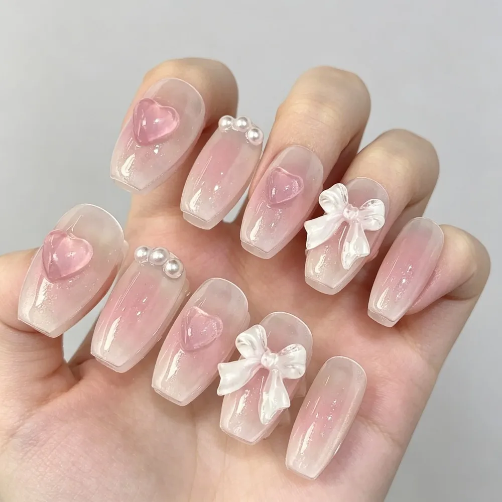 Cute Pink Sweet Princess Removable Handmade Wear Nail Art Y2K Vitality Girl Short Fake Nails Blush Bow Nail Patch view 5