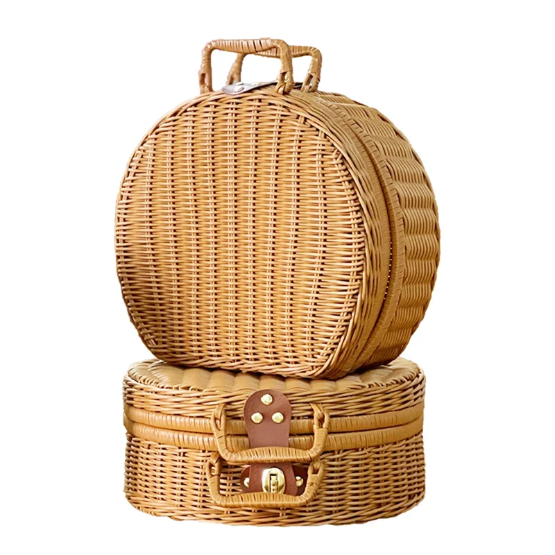 

A03I-Round Rattan Suitcase Basket Rattan Storage Box Vintage Rattan Woven Storage Suitcase Wicker Storage Box With Handles