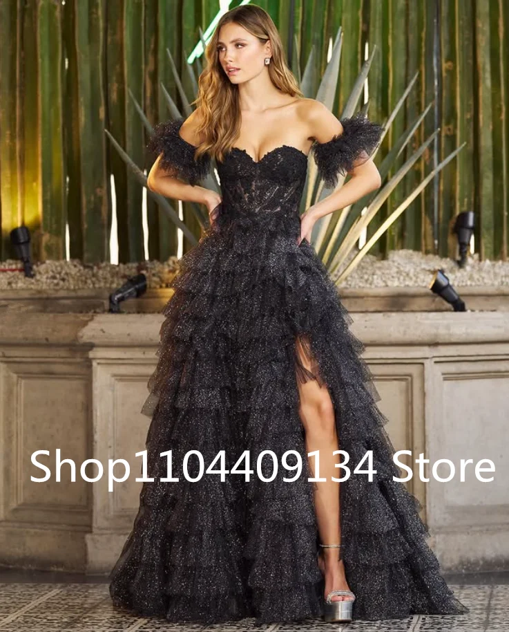 ブラックキラキラプリンセスオフショルダーウエディングドレスギルターフリルスカートハイスリットレースコルセットトップイブニングパーティードレスカスタムサイズ