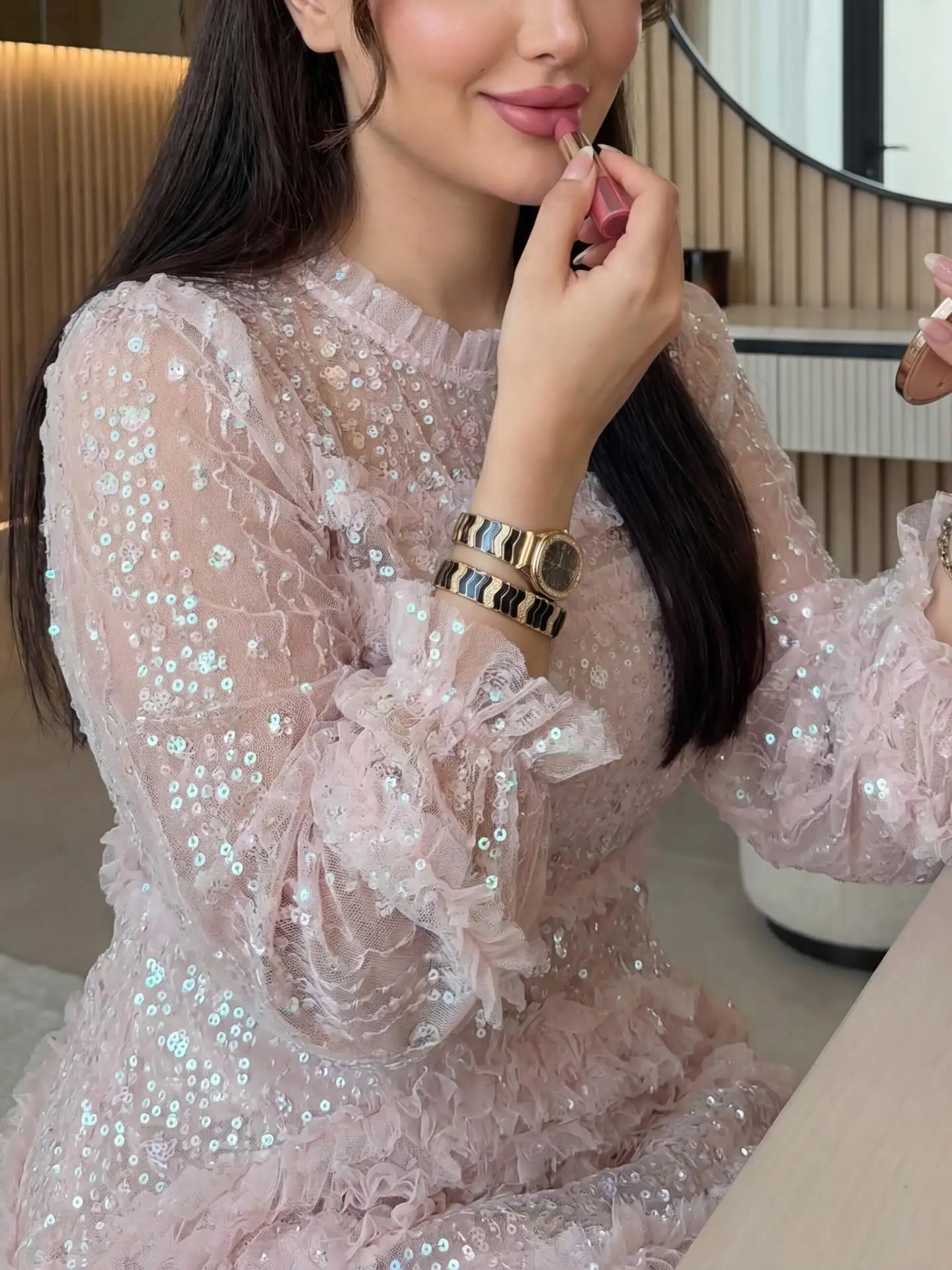 Customize Elegant Pink Sequin Lace Ankle Length Festival Dress Women High Neck Ruffle Long Sleeve Formal Evening Party Prom Gown - view 2