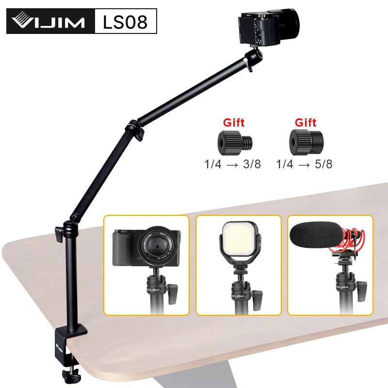 VIJIM-Support de bureau flexible avec tête sphérique à 360 °, support de micro, support d\'invite lumineuse annulaire, support de montage avec pince