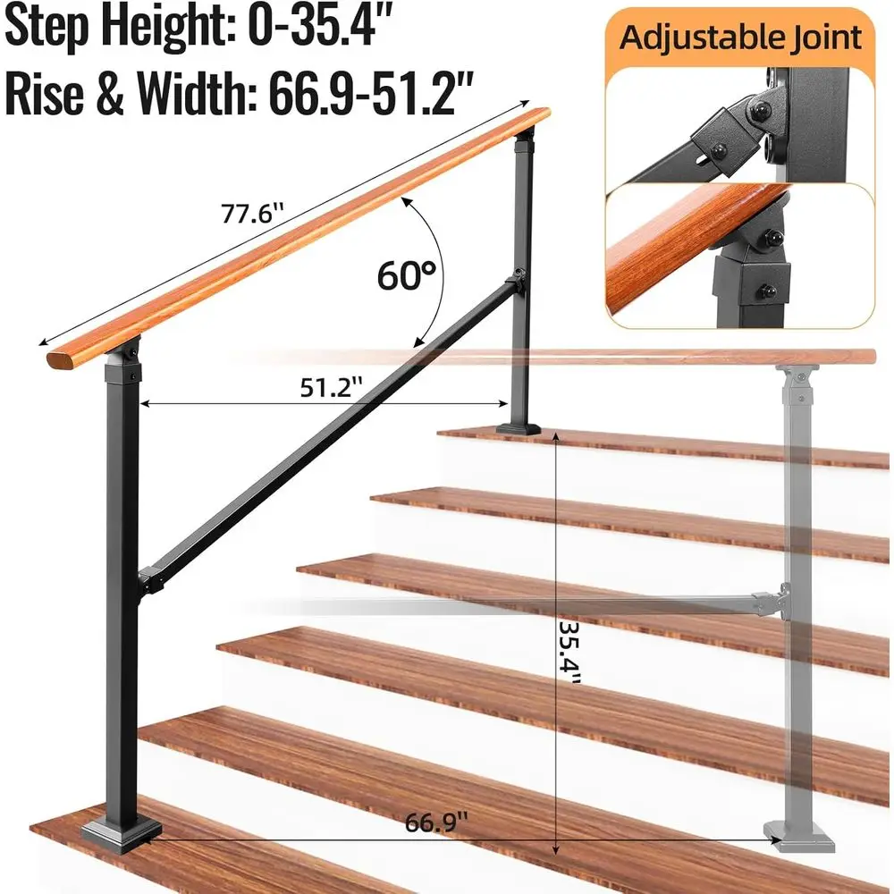 درابزين الخطوات الخارجية، درابزين الدرج الداخلي، درابزين معدني فولاذي خفيف لخطوات الشرفة/الخرسانة/الخشب، 1-6 خطوات، مقلد