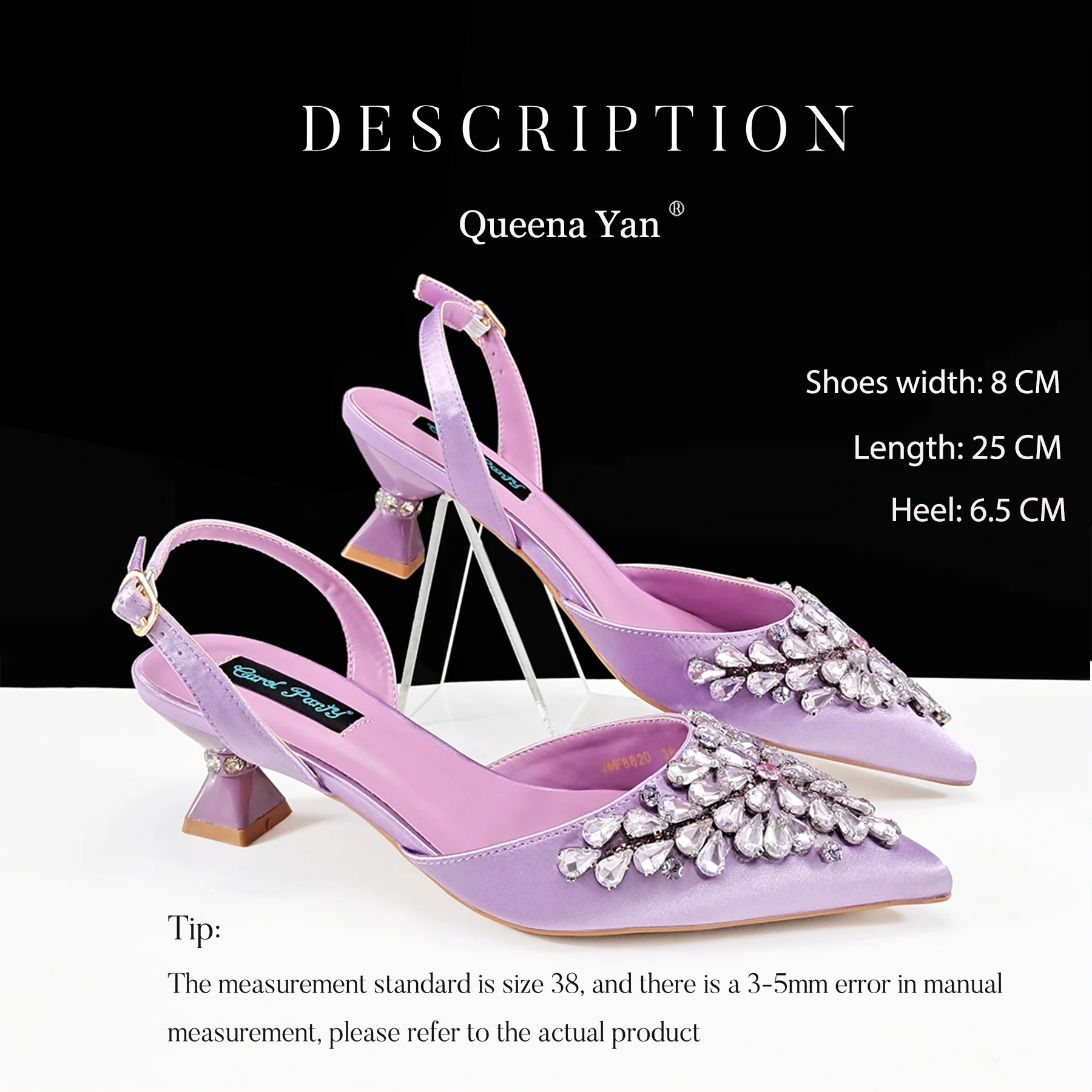 Queena Yan Mature Style Full of Colorful Rhinestone Decoration Party Wedding Lilac Color Pointed Toe Lady Shoes and Bag Set