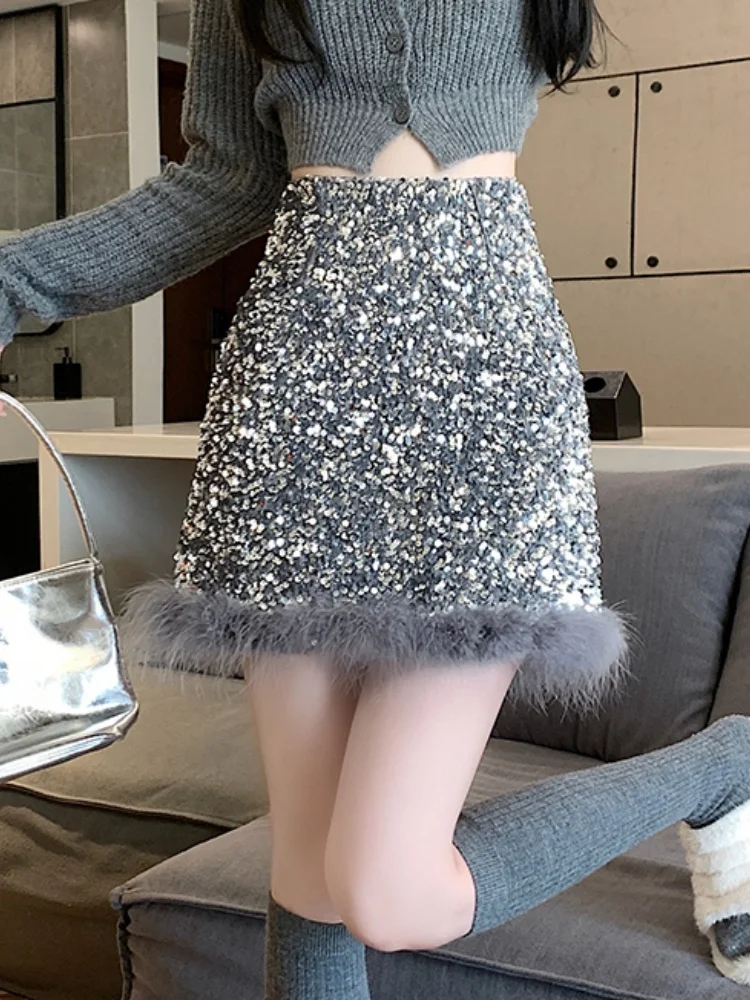 

SMTHMA новая модная бархатная короткая юбка с мехом и блестками для женщин, тонкая легкая юбка трапециевидной формы с высокой талией