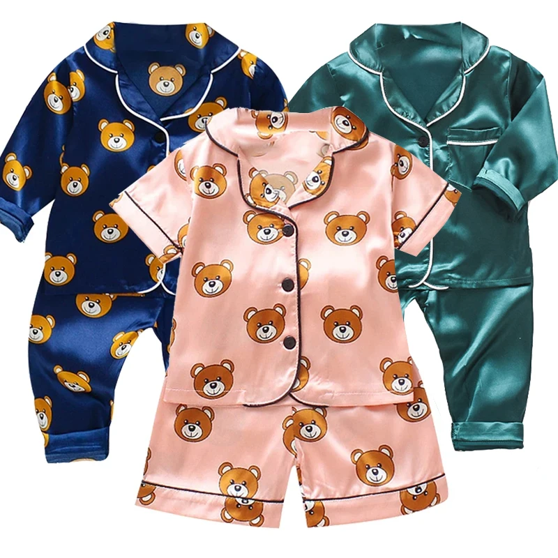 Baby suit home Wear 0-4yrs Baby pajamas set Kids Clothes Toddler Boys Girls Ice silk satin Cartoon printing Tops Pants Set