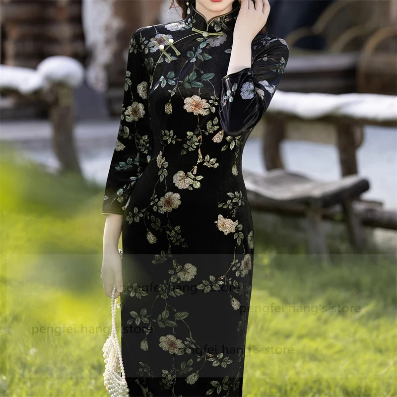 

2025 Autumn Winter New Chesongam Women Elegant Qipao Flower Print Chinese Style Dress Long Sleeve Banquet Vestidos Hanfu Dress