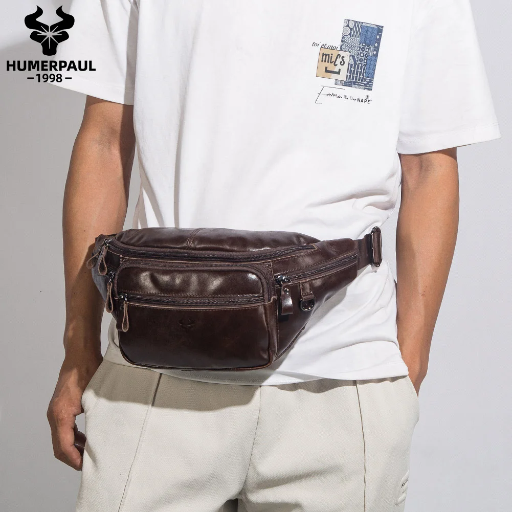 HUMERPAUL Men's Genuine Leather Chest &Crossbody Bag Casual Retro Mobile Phone Bag Multifunctional Anti-Theft Waist Pack