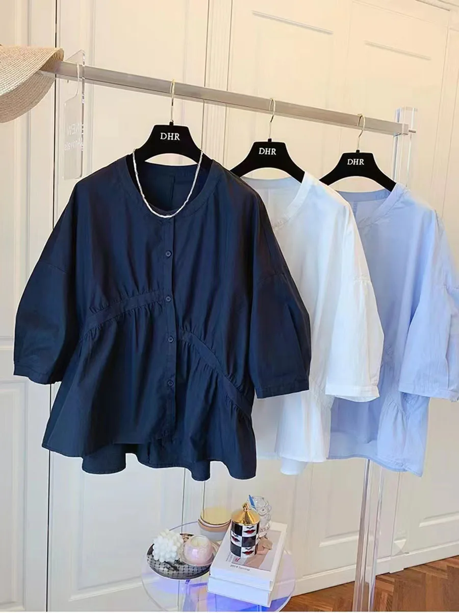 

2025 Summer New Casual Blouse Women's O-neck Short Sleeve Korean Fashion Solid Color Loose Button Up Ladies Tops Shirts Popular