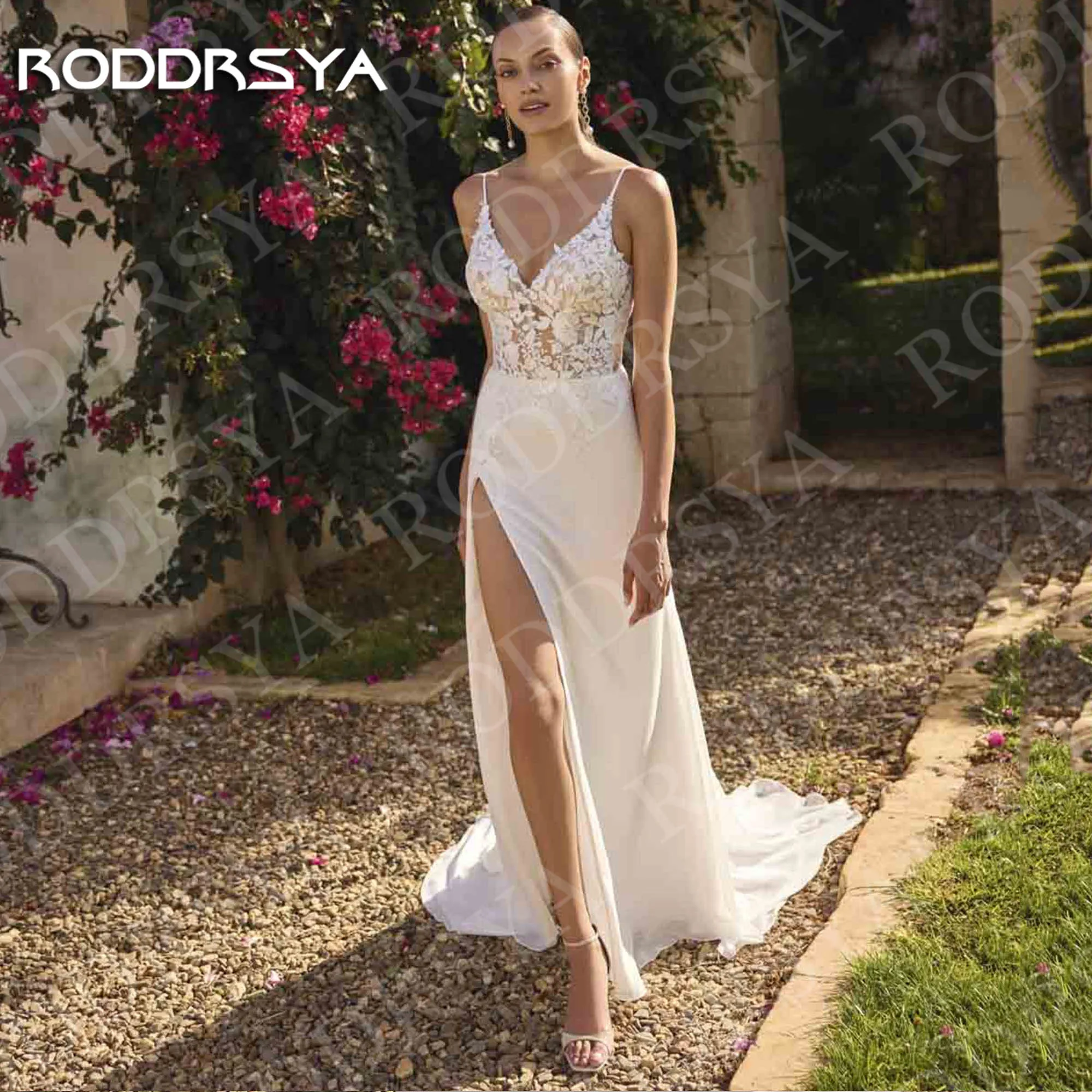 

RODDRSYA Mermaid Wedding Dress Spaghetti Strap Boho Open Back V Neck High Slit Lace Bridal Dresses Customized vestido de noiva