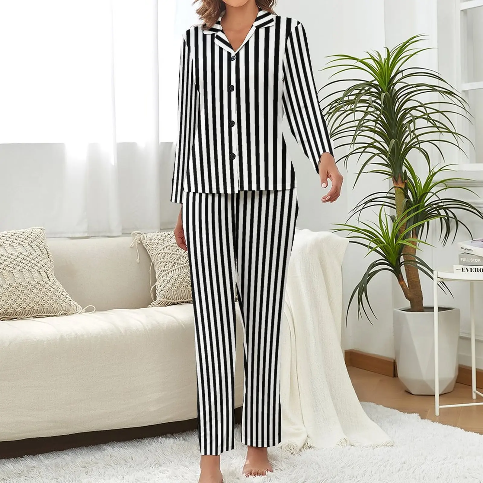 Classic Striped Pajamas Woman Black And White Kawaii Home Suit Autumn Long Sleeve 2 Piece Night V Neck Graphic Pajama Sets