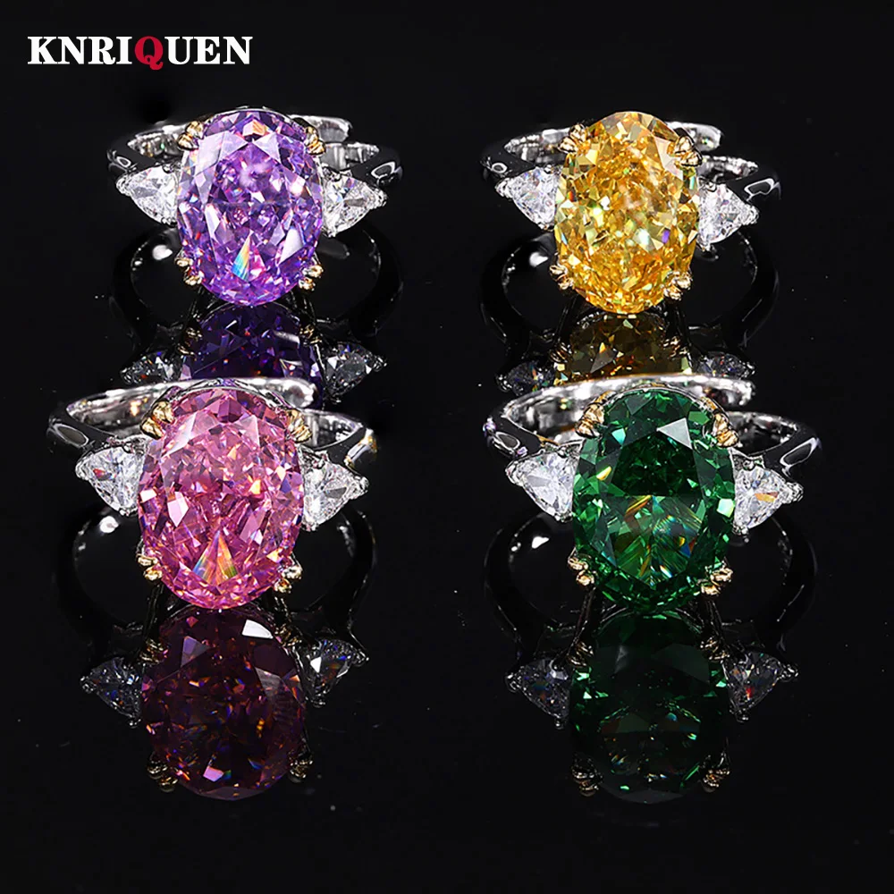 Trend Iced Cut 10*14MM Topaz Amethyst Green Tourmaline Ring Gemstone Lab Diamond Ring for Women Cocktail Party Fine Jewelry Gift