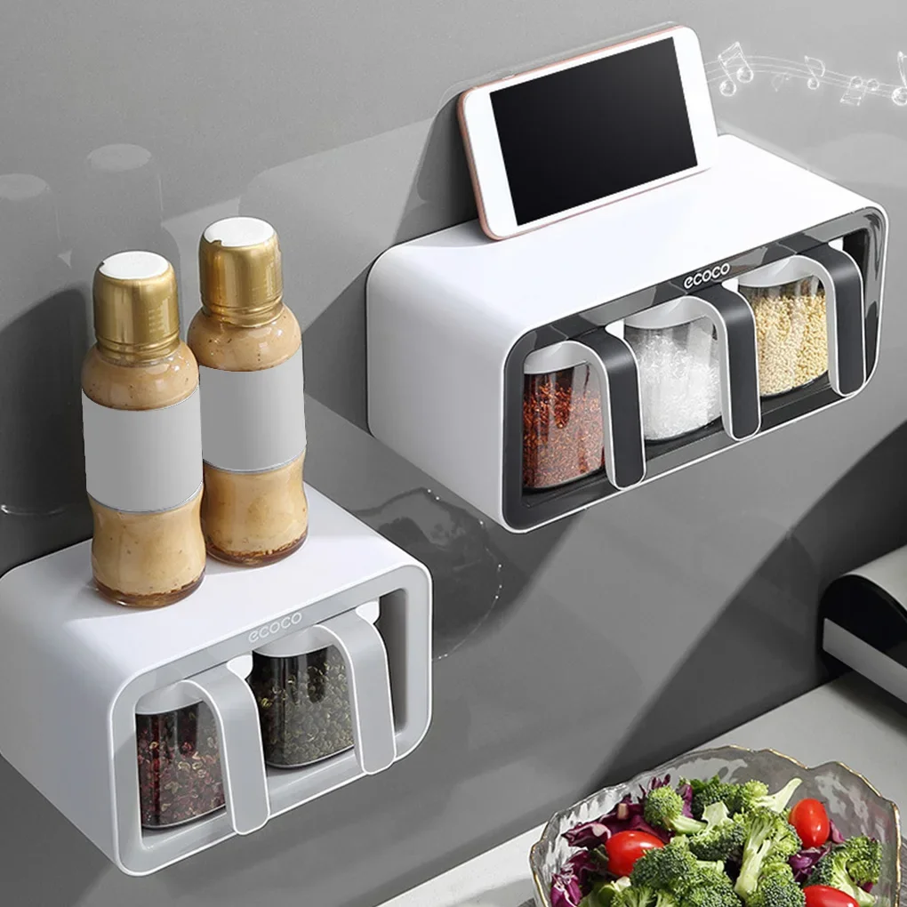 

2/3Cups Wall Mount Spice Rack Multi-Grid Sugar Bowl Salt Shaker Seasoning Container Spice Boxes Kitchen Accessories Organizer