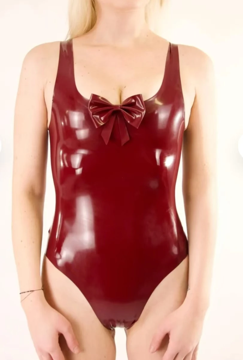 Natural Latex Bowknot Swimsuit Sexy Woman Leotard Rubber Gummi Latex Female Bodysuits Latex Beach Bikini Cosplay Costume