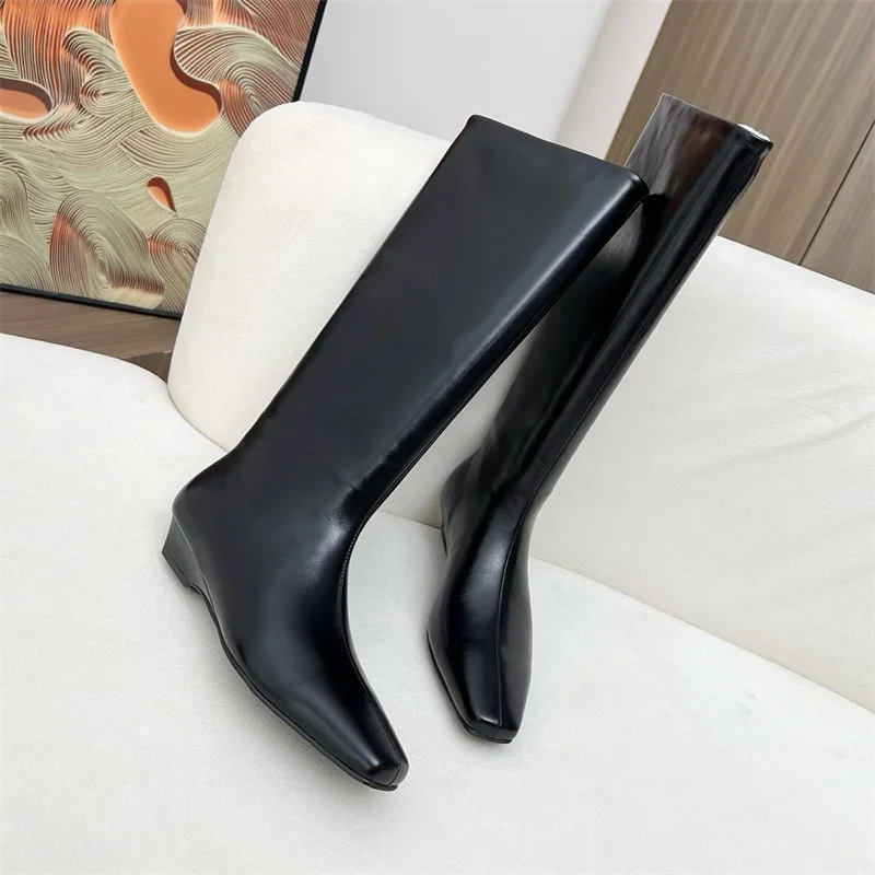 

Длинные сапоги из однотонной кожи с квадратной головкой, женская обувь до колена, Zapatos Mujer, модные женские туфли на толстом каблуке