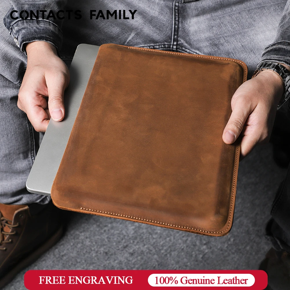 CONTACTS FAMILY Genuine Leather Laptop Sleeve Case For Macbook Pro Air 13 14 16 M3 M2 M21 Cover HP DELL XPS 13 Computer Bag Men