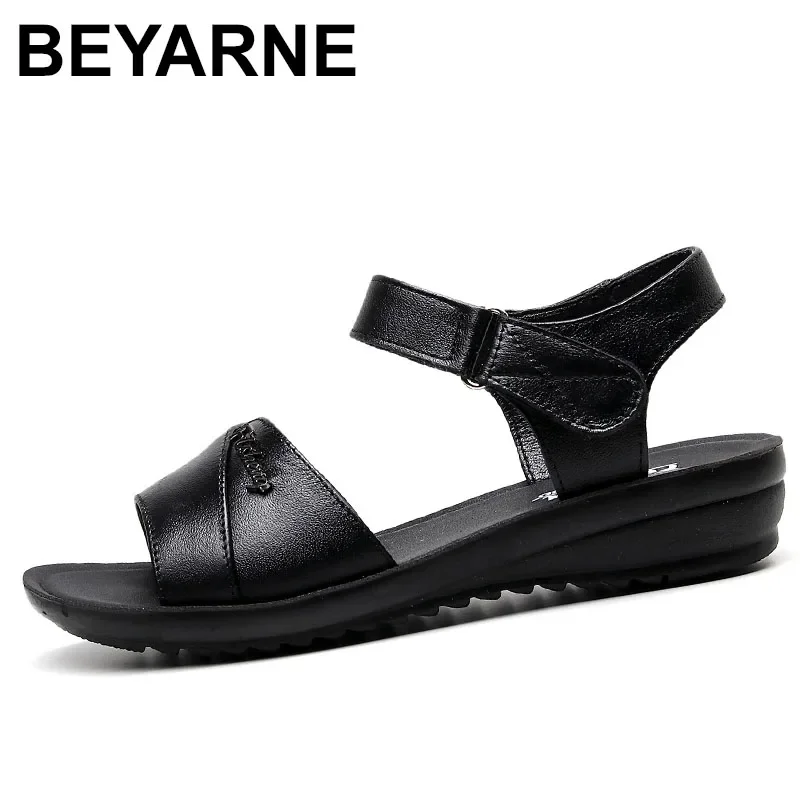 Summer Fashion Genuine Leather Ladies Sandals middle-aged non-slip flat comfortable old shoes large size Soft bottom women shoes