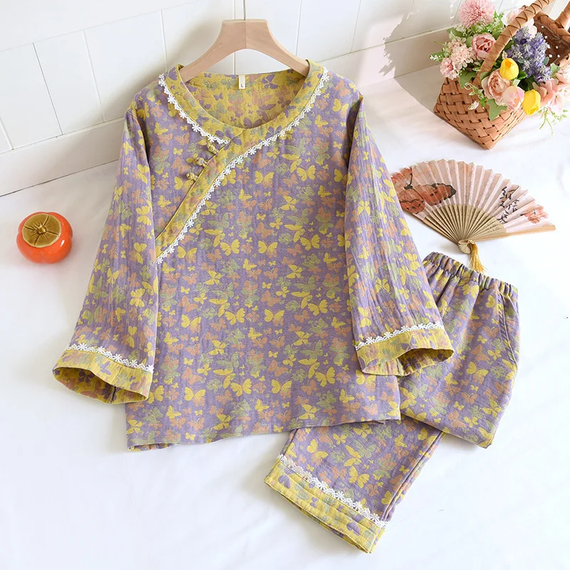 Autumn New Two Piece Sleepwear Women's Home Clothes Pyjama Pure Cotton Double Layer Gauze Pajama Set For Women Nightwear Nightie