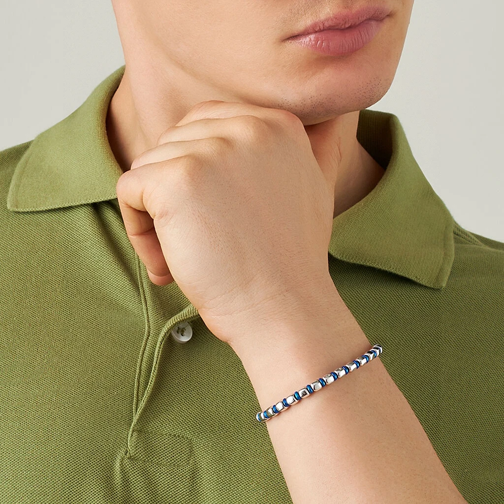 Runda Men's Beaded Bracelet Stainless Steel Bead with Blue Ring Adjustable Size 22cm Handmade Jewelry