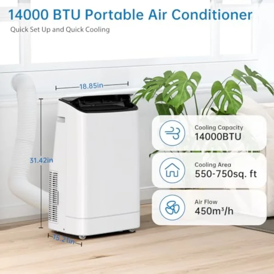 Portable air conditioner for home use, aluminum housing, white color, 14000 BTU cooling capacity with remote control, 3-in-1 fu