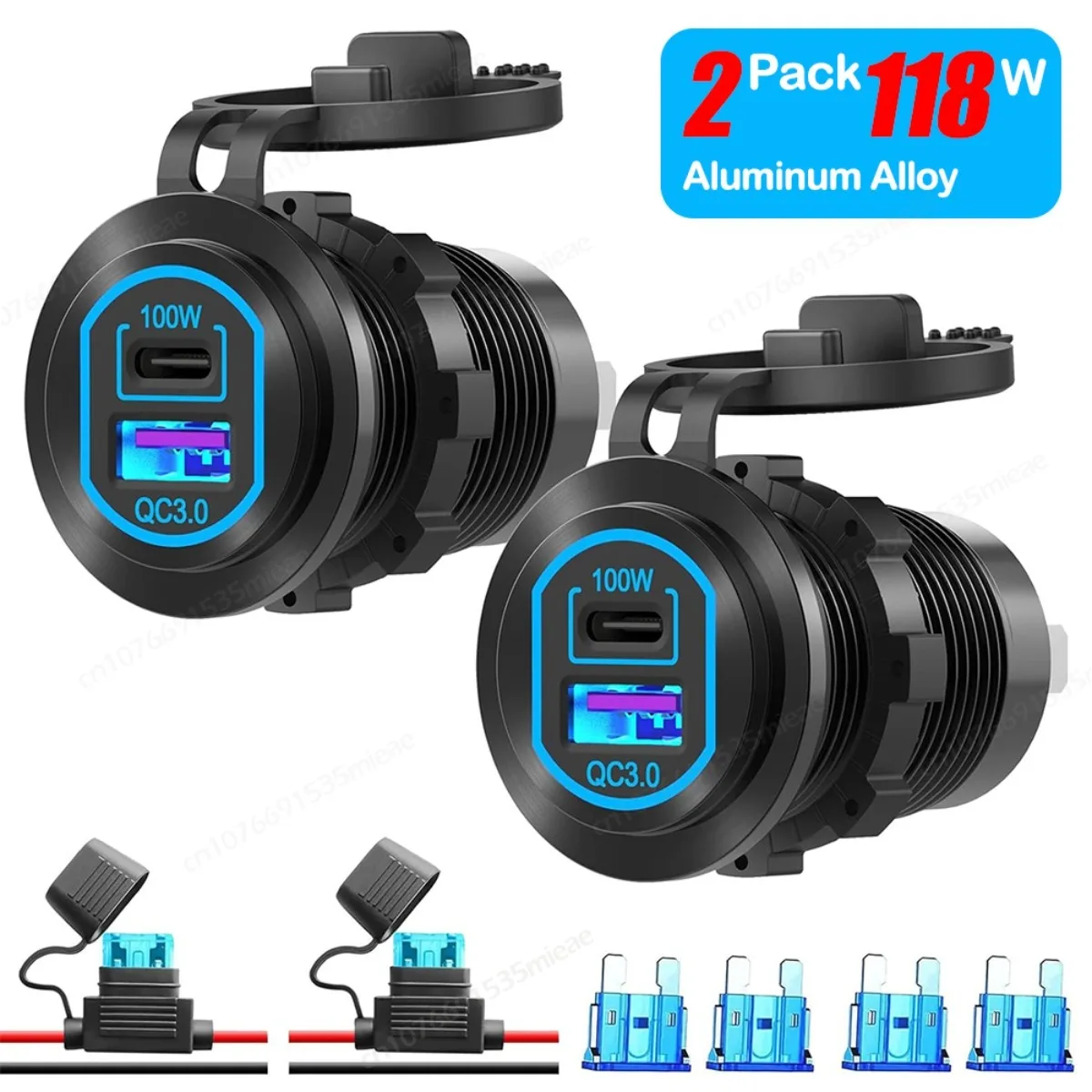

2 Pack 12V USB Outlet PD 100W USB-C & QC3.0 18W Port Aluminum Car Charger Laptops Tablets Socket for RV Camper Truck Boat Golf