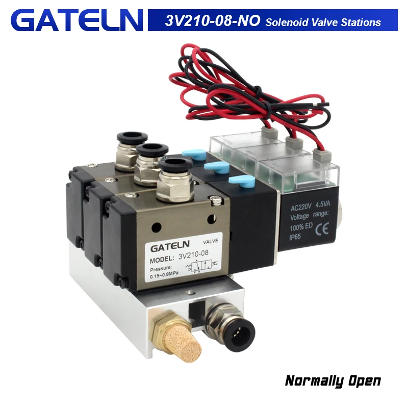 3V210-08-NO Normally Open Solenoid Valve Stations Block With Muffler Fitting Base Manifold DC 12v 24v AC 110v 220v 3 port