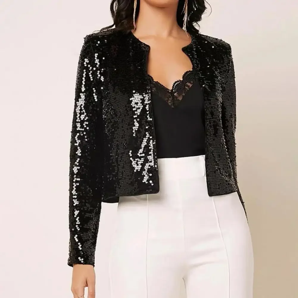 2024 Chic Sequin Women Jackets Fashion Sparkly Glitter Office Lady Short Blazer Coat Slim Fit Open Front Cardigan Jacket Outwear