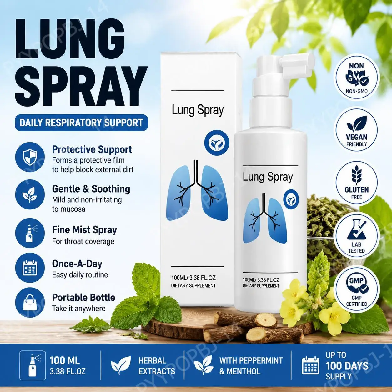 Googeer Lung Spray with Mullein, Astragalus & Licorice Root Extracts, Forms Protective Film, Mild Non-Irritating Mucosa, 100 ML