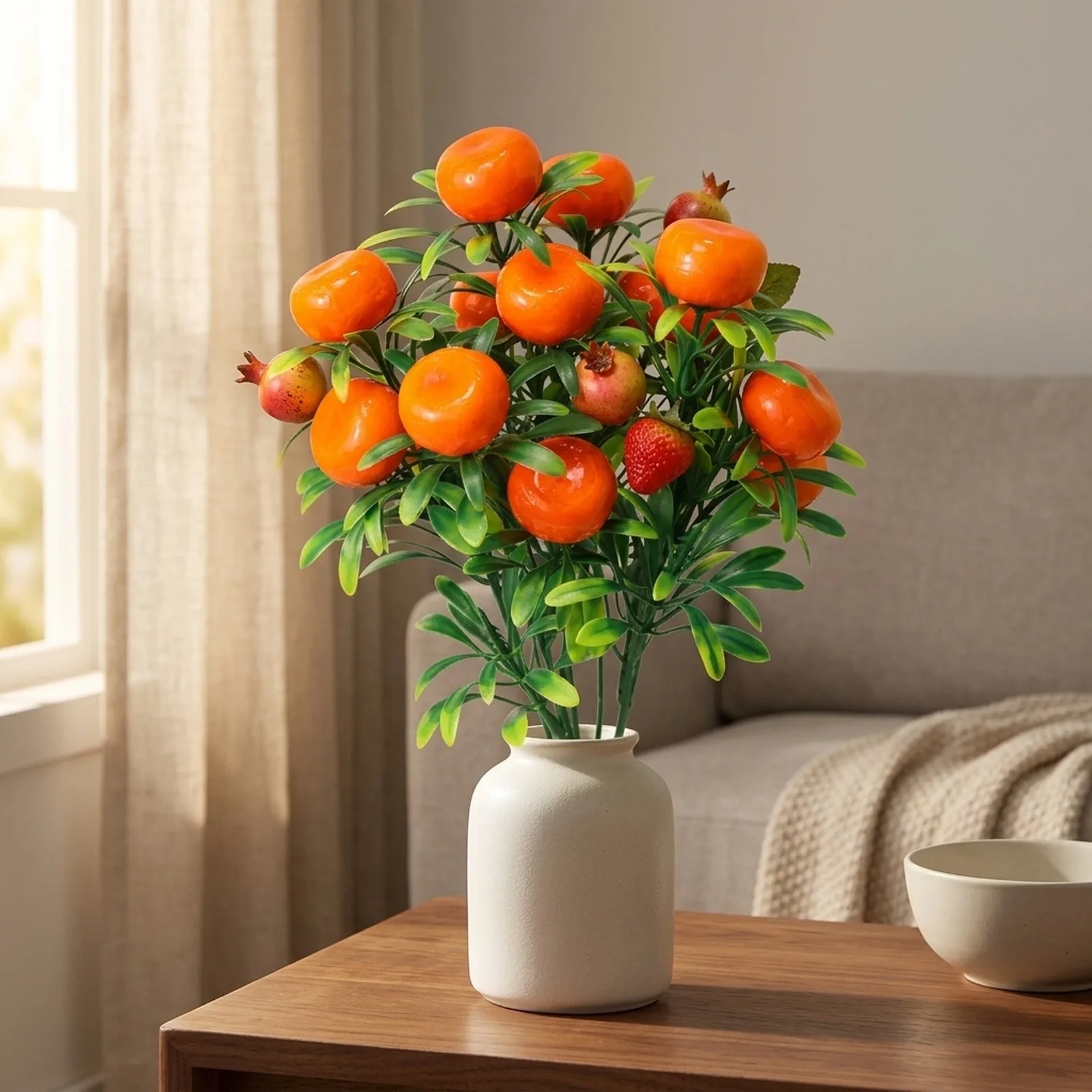 7-Stem Orange Fortune Fruit Decorative Branch with Foam Fruits for Living Room Entryway Office Desk and Event Styling
