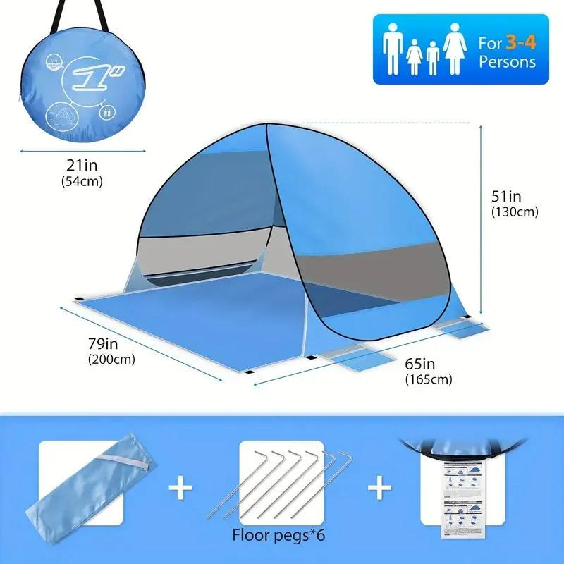Automatic 2 Seconds Open Beach Tent, UPF50+ Sun Protection Breathable Mesh Window Tents, Easy to Set Up, Suitable for Beach, Cam
