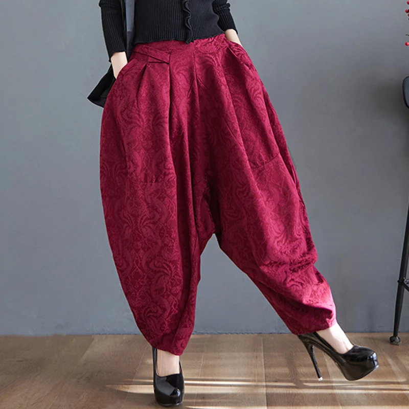 Netzfarbene bestickte Faltenhose, lockere Passform, Freizeithose, große Größe, faion Laternenhose für Damen, Baggy-Leggings