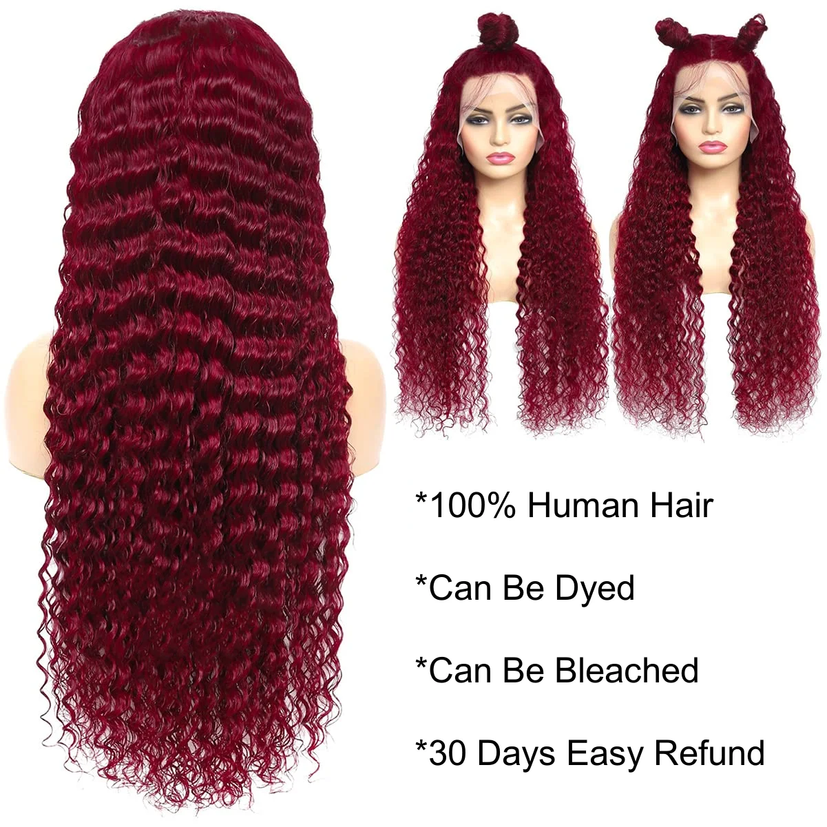 Swupod-Perruque Lace Front Wig Remy Deep Wave pour Femme Africaine, Cheveux Naturels, Bordeaux 99J, Sans Colle, Densité 200, 13x4, HD