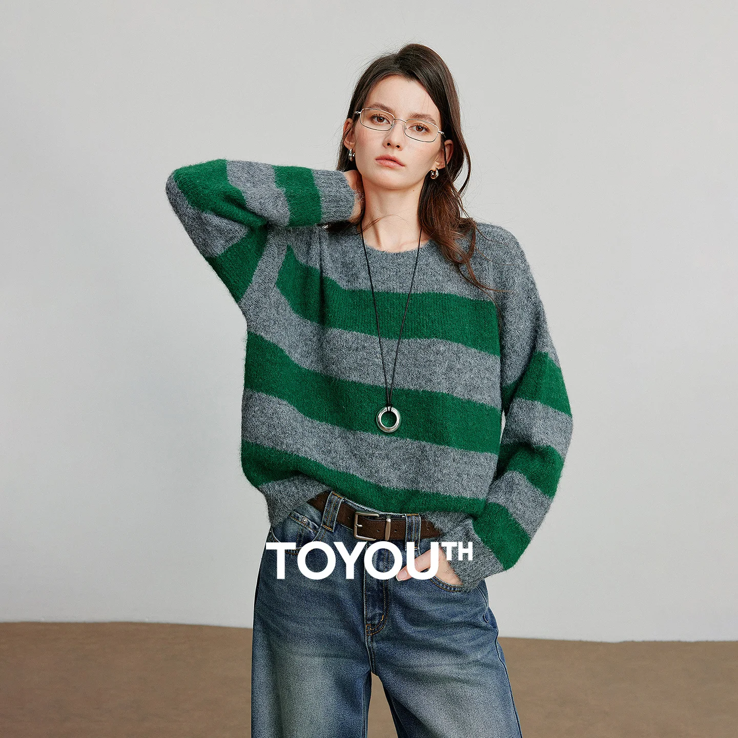 

TOYOUTH Women Knitted Sweater 2025 Autumn New Retro Style Striped Long Sleeve Pullover Woolen Sweater Warm Tops